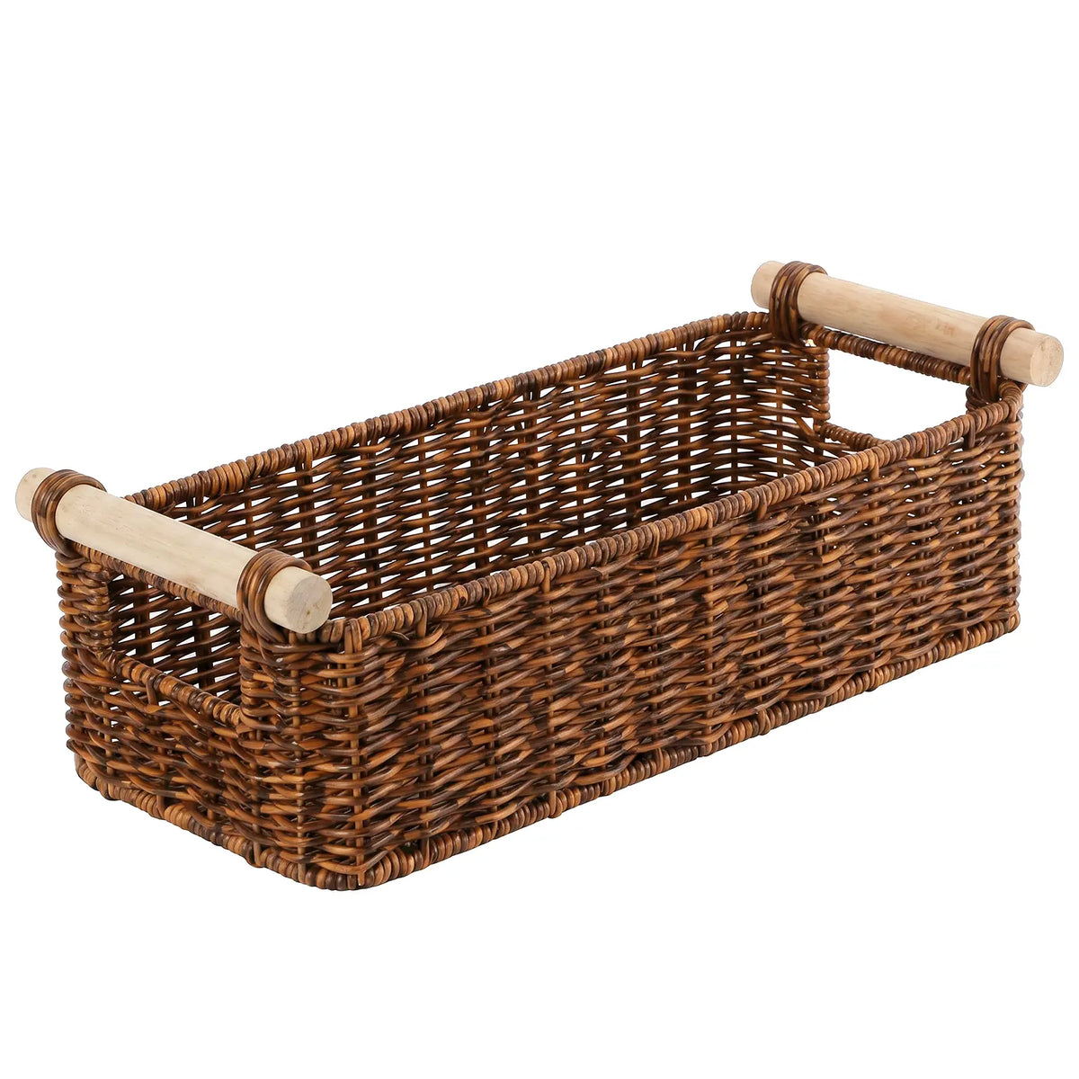 BROWNLILY Classic Handwoven Wicker Toilet Storage Basket with Wooden Handle, Durable Rectangular Bathroom Woven Storage Organizer for Toilet Paper, Towels, Vanity Counter Use, Faux Rattan