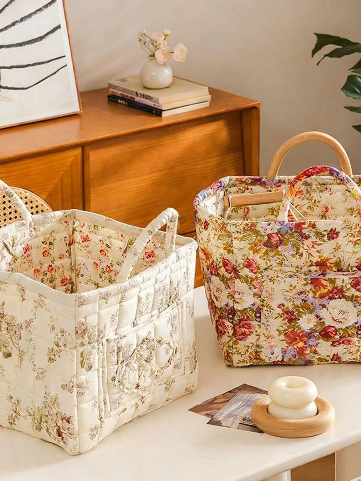 Floral Pattern Fabric Decorative Storage Basket, Portable Home Organizer for Kitchen, Bathroom and Office, Flower, Bathroom Storage Baskets