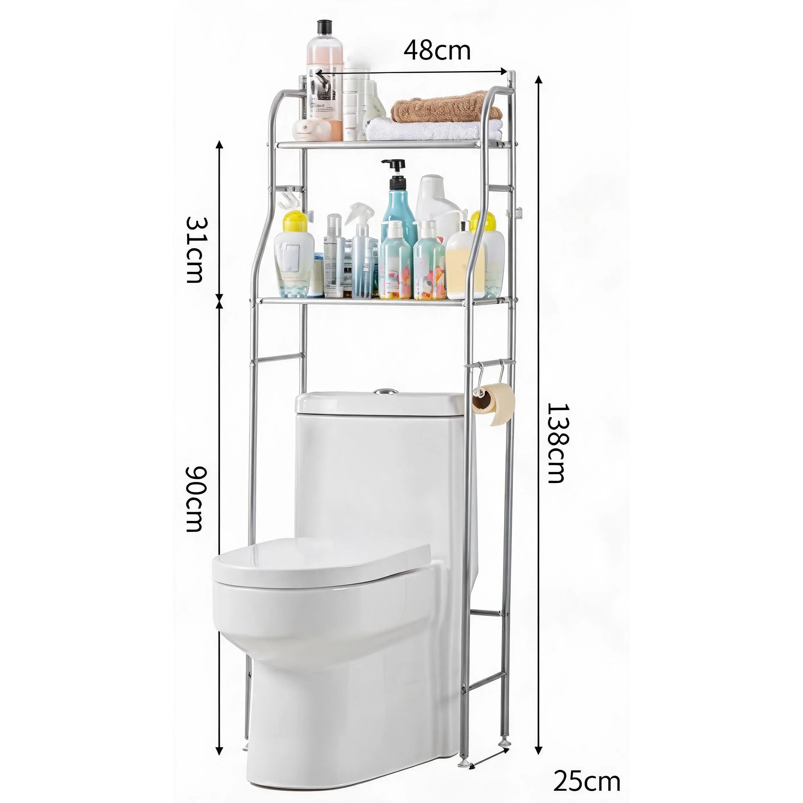2/3-Tier Over The Toilet Storage Shelf, Space Saving Stainless Steel Bathroom Rack Storage Organizer with Towel Hooks & Toilet Paper Holder for Bathroom, Restroom, Laundry