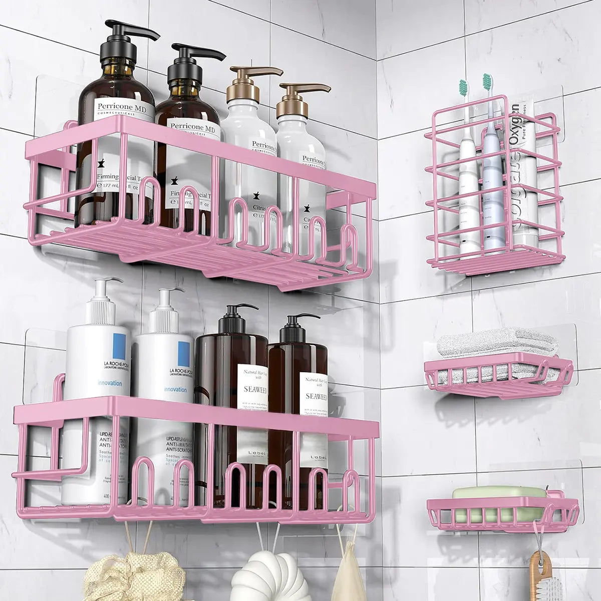 Jabukosu Shower Organizer, 5-Pack Adhesive Rustproof Stainless Steel Shower Shelves with Soap Holder, Adhesive Mount Saves Wall Drilling, Clutter Control for Renters’ Bathrooms, Multiple Shelves Separate Daily Items, Soap Stays Put, Shower Organizers, Mod