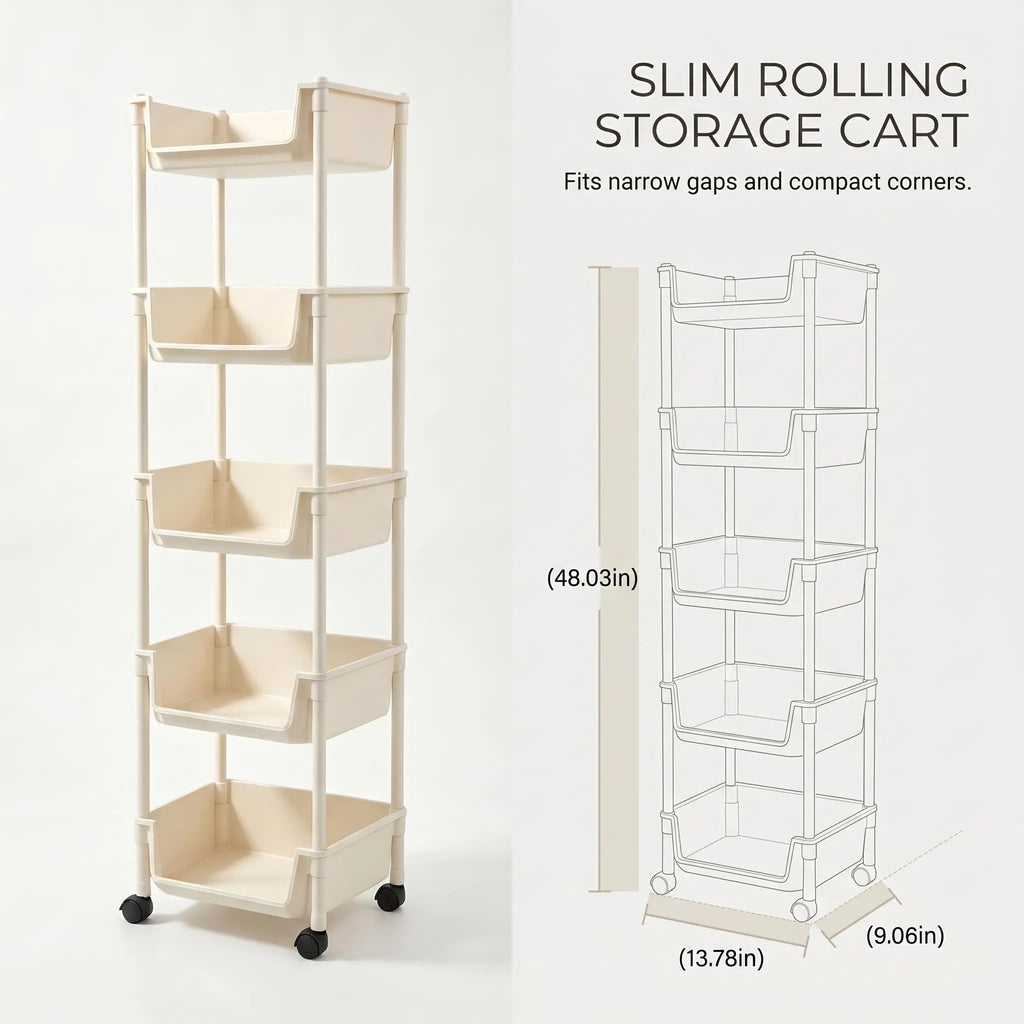 【US】PeaWove 5-Tier Slim Rolling Storage Cart with Wheels - Mobile Utility Organizer Rack for Kitchen Bathroom Dorm Small Spaces