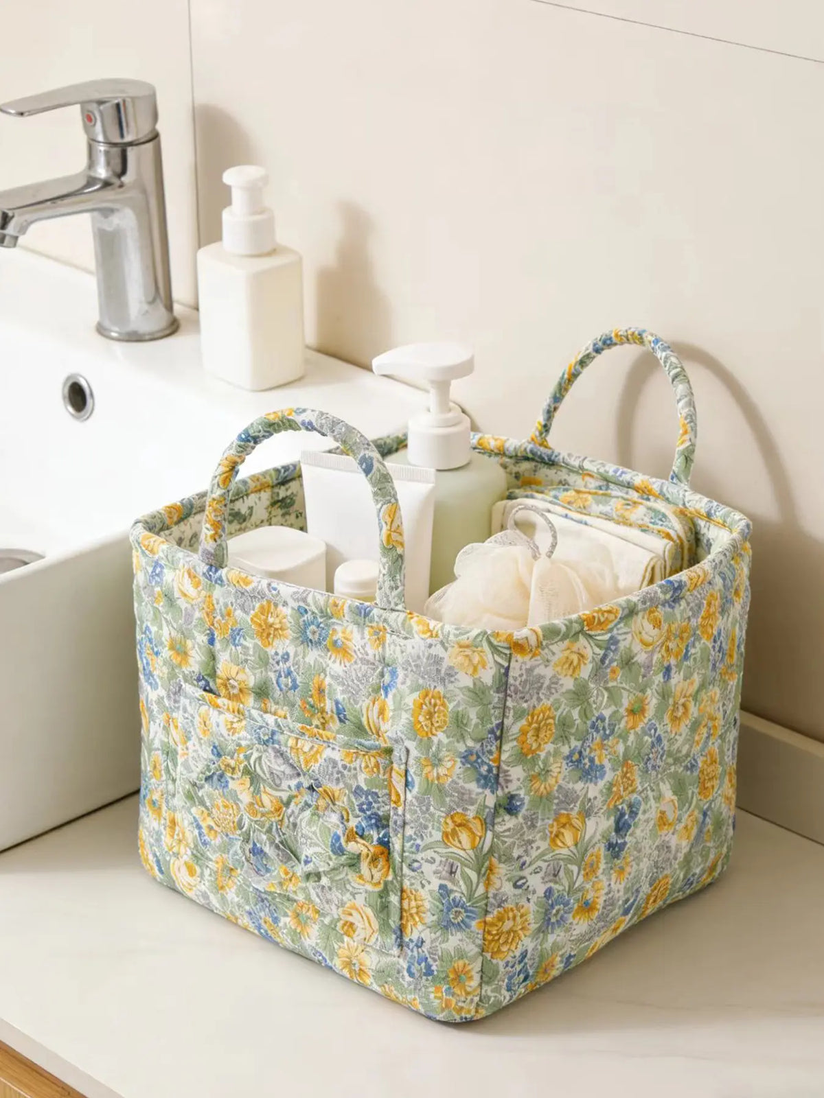 Floral Pattern Fabric Decorative Storage Basket, Portable Home Organizer for Kitchen, Bathroom and Office, Flower, Bathroom Storage Baskets