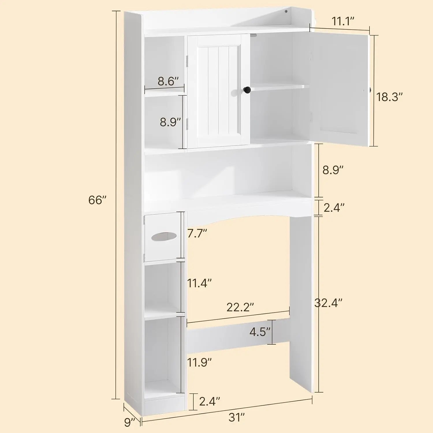 Gizoon 66''H Over The Toilet Storage Cabinet, with Ample Storage Space | Over Toilet Bathroom Organizer, with 2 Doors for Storage, Adjustable Shelf, 2 Hooks, Paper Holder, for Bathroom, Laundry