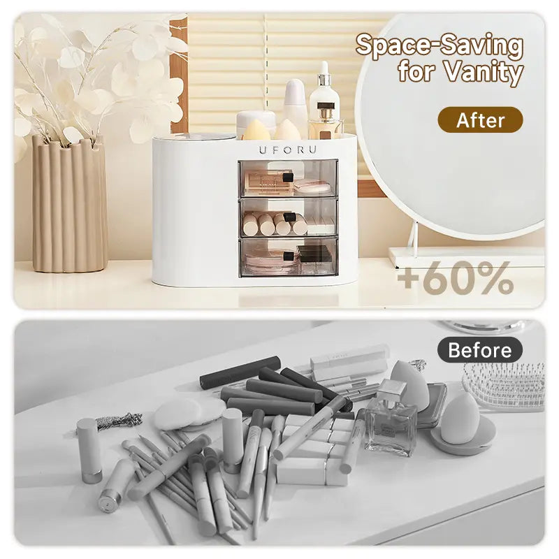 UFORU Plastic Makeup Tool Organizer with Drawers, 4-Slot 1-Touch Open Brush Holder, Spacious Storage Organization for Vanity Dresser & Bathroom Countertop (White)