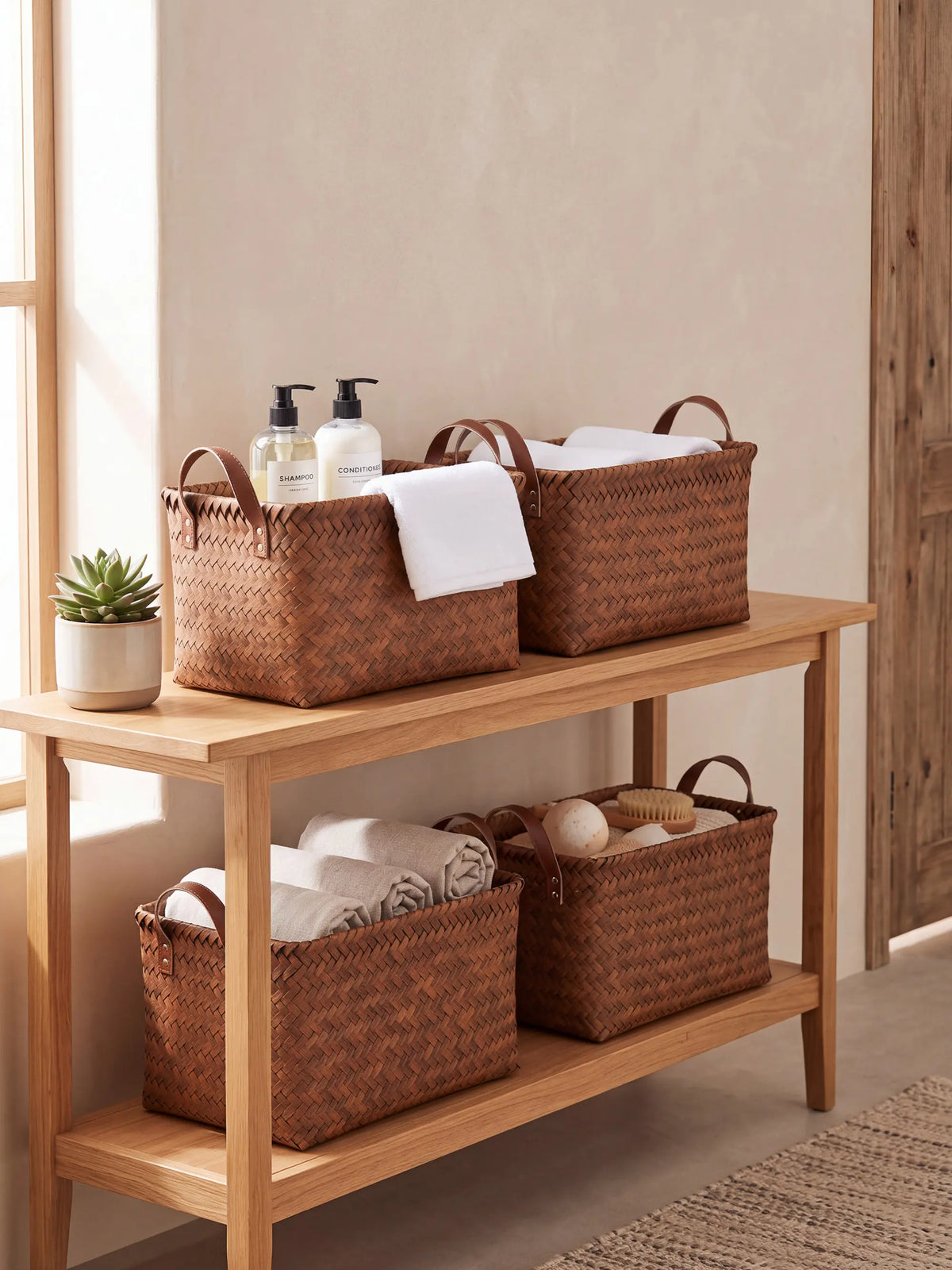 BROWNLILY Handwoven Wicker Storage Baskets with Vegan Leather Accents, 4/6/8-Pack Large Brown Bins with Handles, Decorative Faux Rattan Organizers for Shelves, Laundry, Bathroom Decor