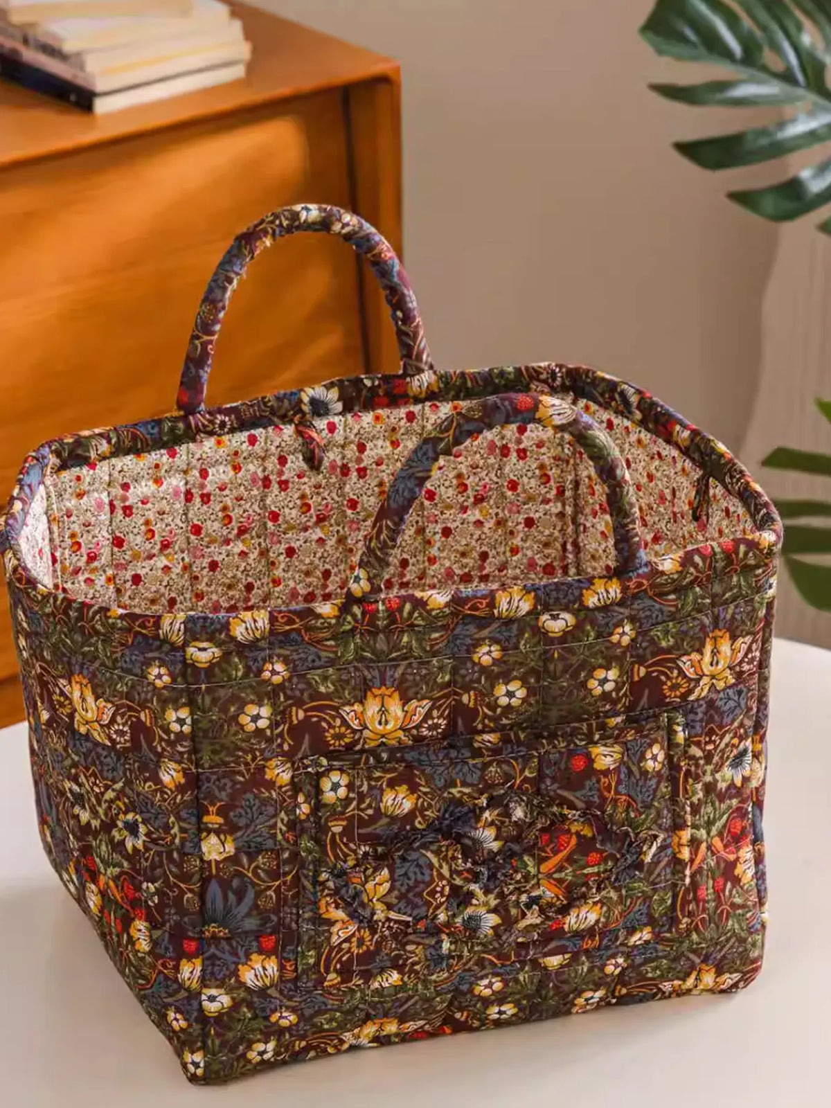 Floral Pattern Fabric Decorative Storage Basket, Portable Home Organizer for Kitchen, Bathroom and Office, Flower, Bathroom Storage Baskets
