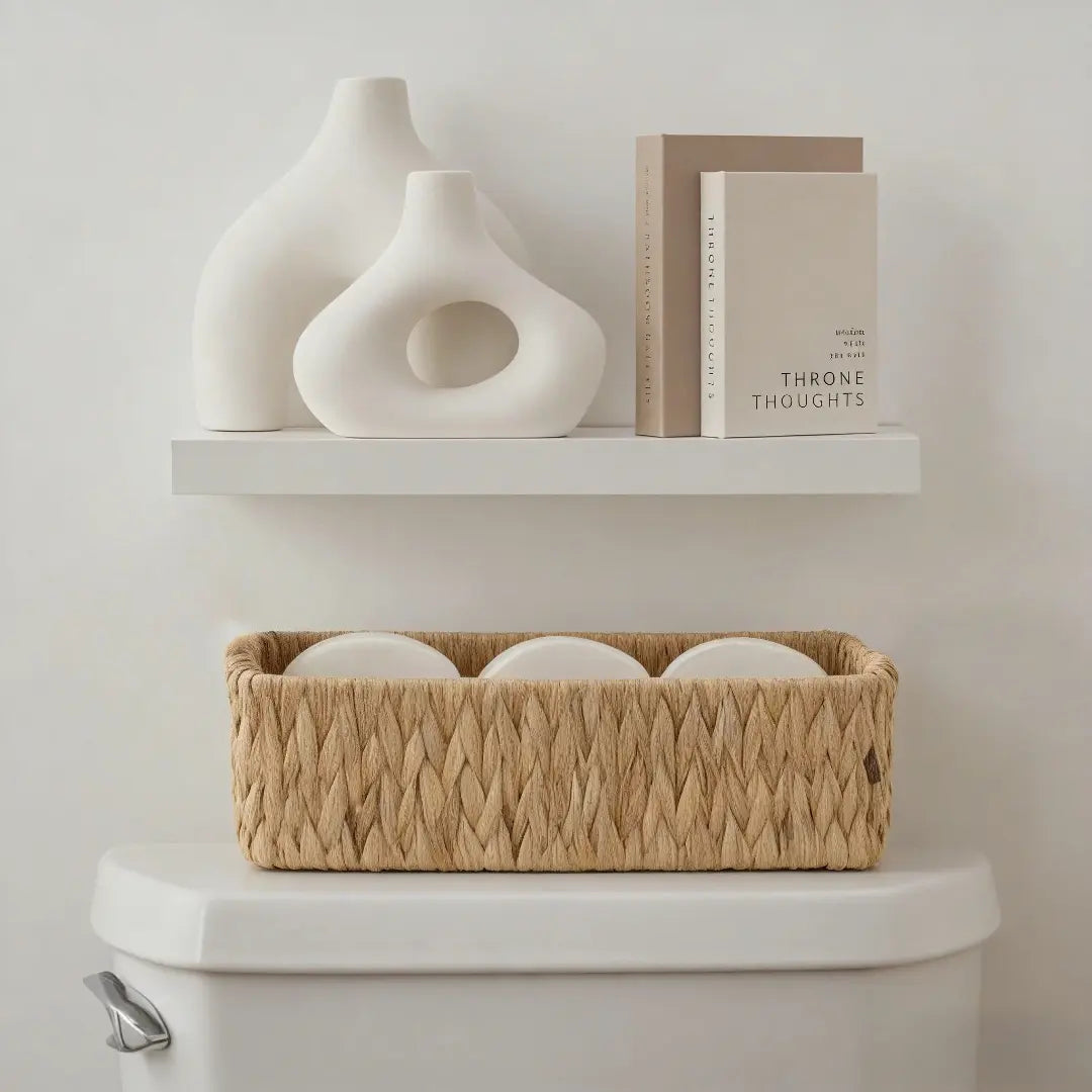 2-Pack Handwoven Water Hyacinth Toilet Tank Baskets with Built-in Handles - Compact House Organizers Set, Narrow Wicker Home Supplies for Toilet Paper Storage, Boho Farmhouse Bathroom Vanity Organizer Gift