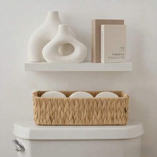 2-Pack Handwoven Water Hyacinth Toilet Tank Baskets with Built-in Handles - Compact House Organizers Set, Narrow Wicker Home Supplies for Toilet Paper Storage, Boho Farmhouse Bathroom Vanity Organizer Gift