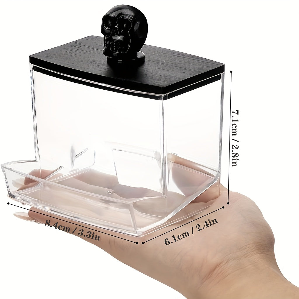 7oz Clear Acrylic Swab Holder with Flip-Top Lid - Skull & Crossbones Design, Durable Plastic Makeup Organizer for Bathroom, Cosmetics, And Halloween Storage, Makeup Organizer Storage