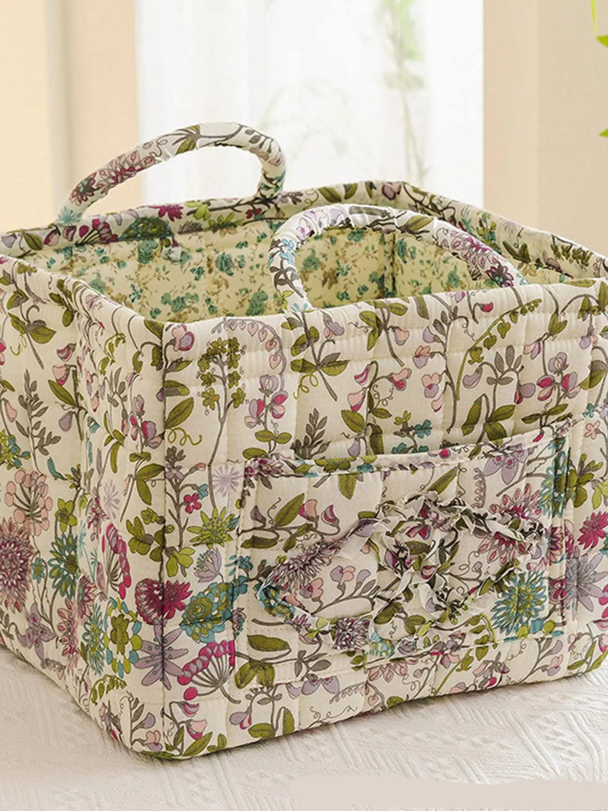 Floral Pattern Fabric Decorative Storage Basket, Portable Home Organizer for Kitchen, Bathroom and Office, Flower, Bathroom Storage Baskets