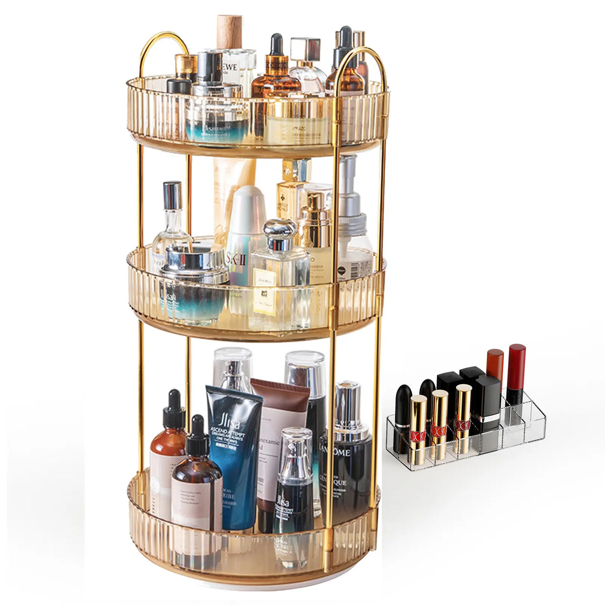 GooBird 360° Rotating Round Metal Makeup Tool Organizer Storage, User-Friendly Collapsible Stackable Vanity Shelf with Bonus 12-Slot Lipstick Holder, Multifunctional Bin for Makeup, Perfume, Skincare, Bathroom Birthday Gift for Girlfriend, Collapsible Sto