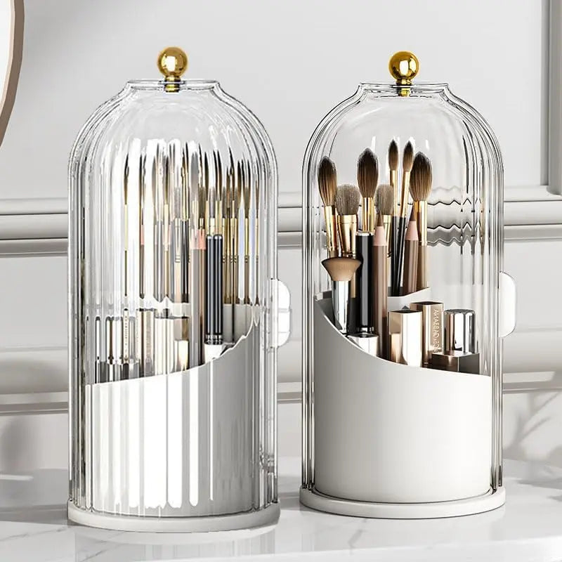 Luxury 360-Degree Rotating Makeup Brush Holder with Transparent Door Lid - Cosmetic Storage Box, Makeup Organizer, Bathroom Organizer, Container for Vanity Desktop Countertop Storage Organization, Beauty Supplies Organizer,back to school