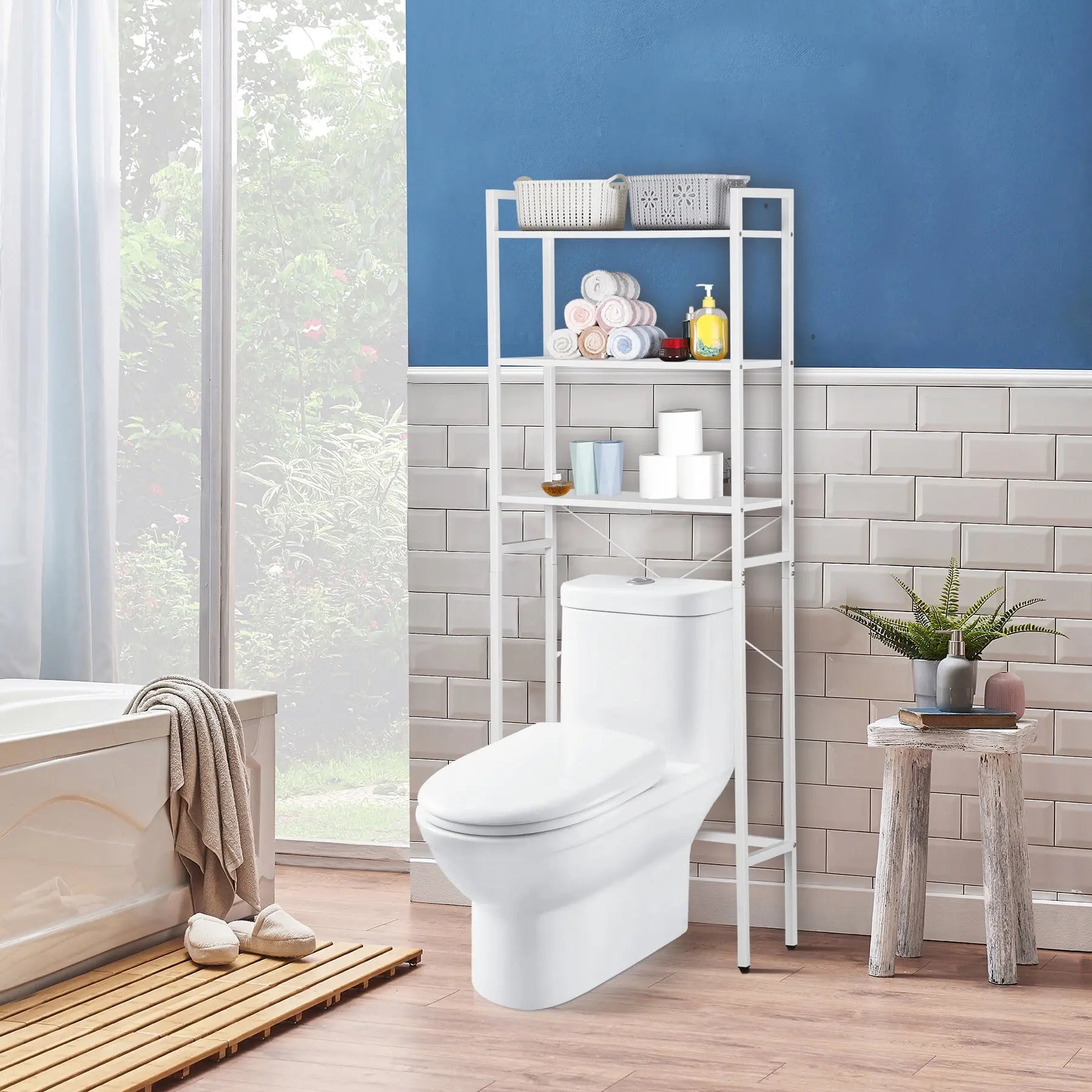Segawe MDF Wood Over-the-Toilet Bathroom Organizer Rack Set - 3-Tier Shelves, X-Shaped Stability, Tank-Fit Legs, Metal Leg Support, Large Capacity White Home Decor Bathroom Organizing Accessory (Fits Behind Toilet Tank), Over-Toilet, Bathroom Organizers,