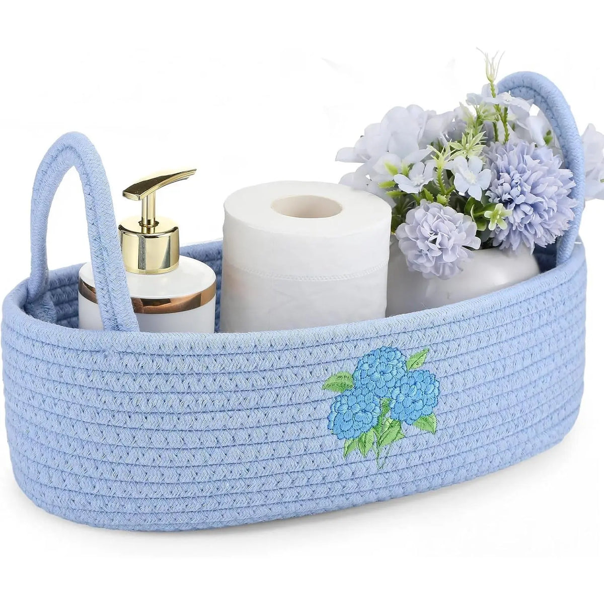 Magnolia Woven Storage Basket for Toilet  Top Boho  Rope Bathroom Countertop Organizer Basket with Handle Green Bathroom Decor for Bedroom  Toys Organizing, 13 x 6 x 4 Inch