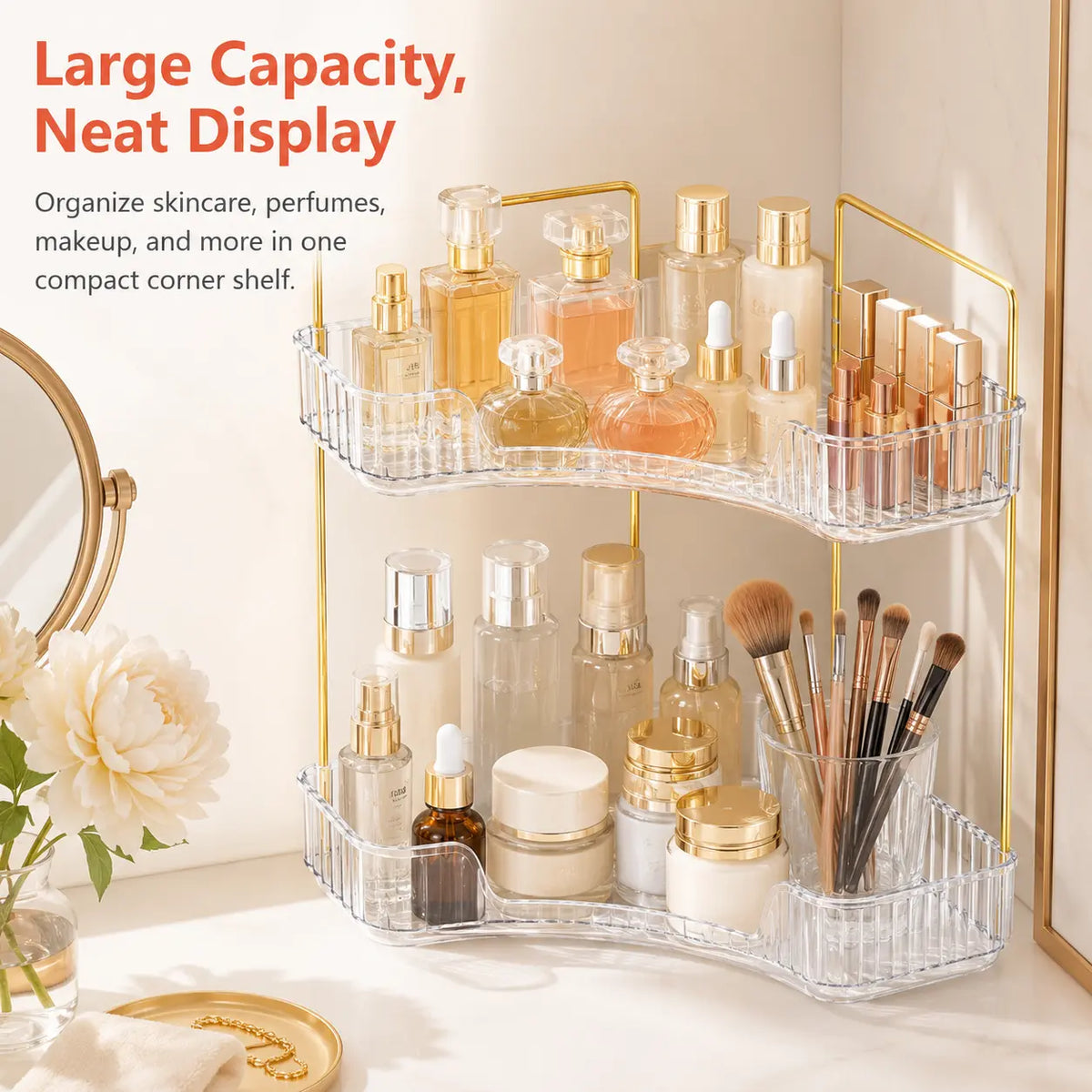 2-Tier Compact Corner Vanity Organizer, Large Cap. Storage Shelf for Makeup, Skincare, Perfume, Bathroom Accessories, Space-Saving Modern Design for Multiple Rooms