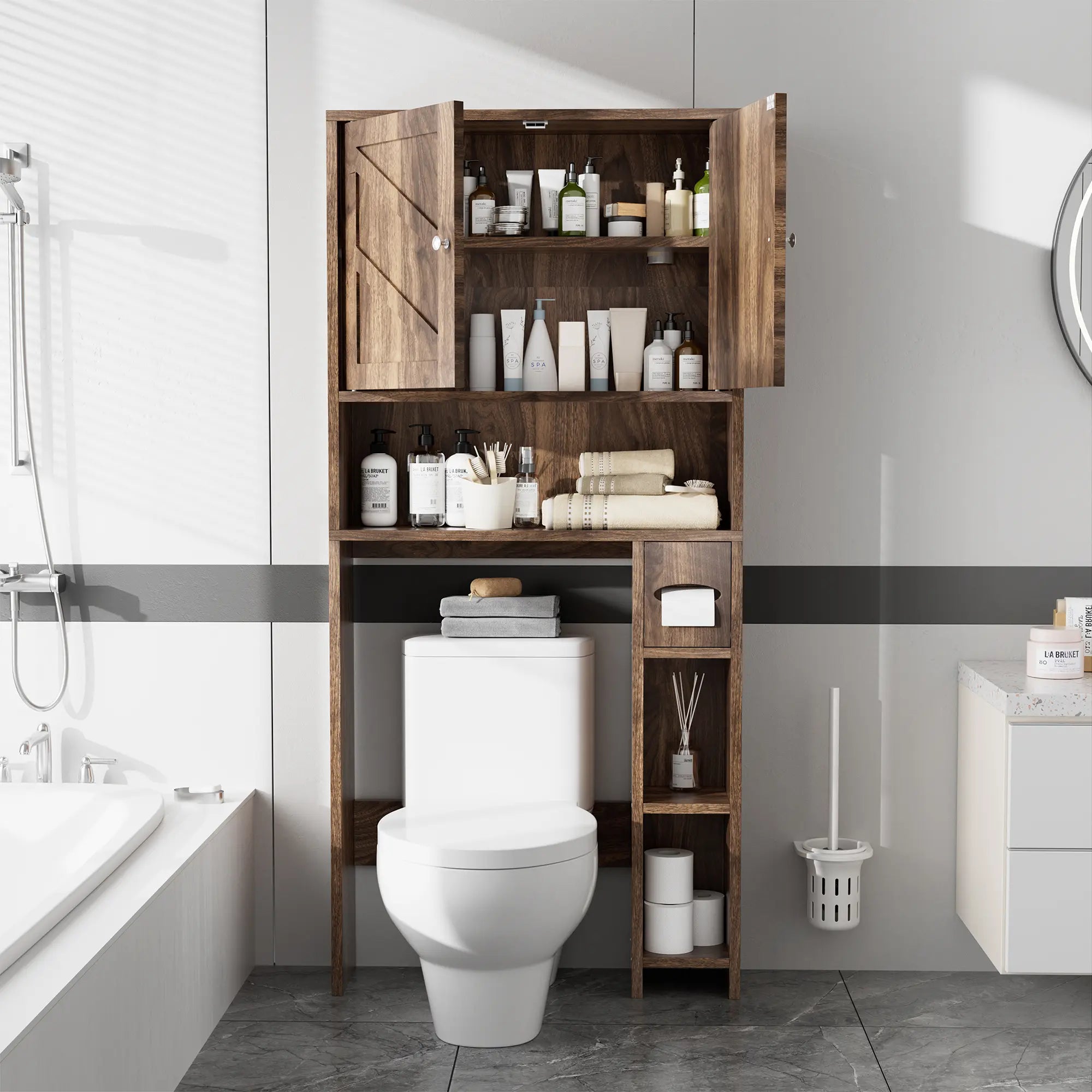 Walsunny Over The Toilet Storage Cabinet, Farmhouse Storage Cabinet with 2 Barn Door & Toilet Paper Holder Stand, Toilet Rack for Bathroom, Laundry Furniture Organizer