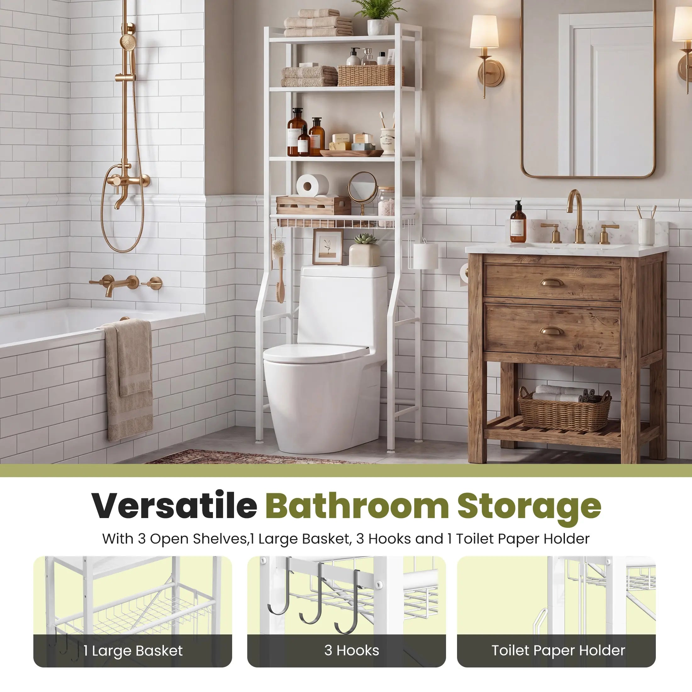 Sweetcrispy 68.5" Tall Storage Freestanding Bathroom Rack - Iron & Wood Over-the-Toilet Organizer, Home Decor, Bathroom Decor, Tall Bottle Fit for Towels & Toiletries, Rustic Design for Organized Setup