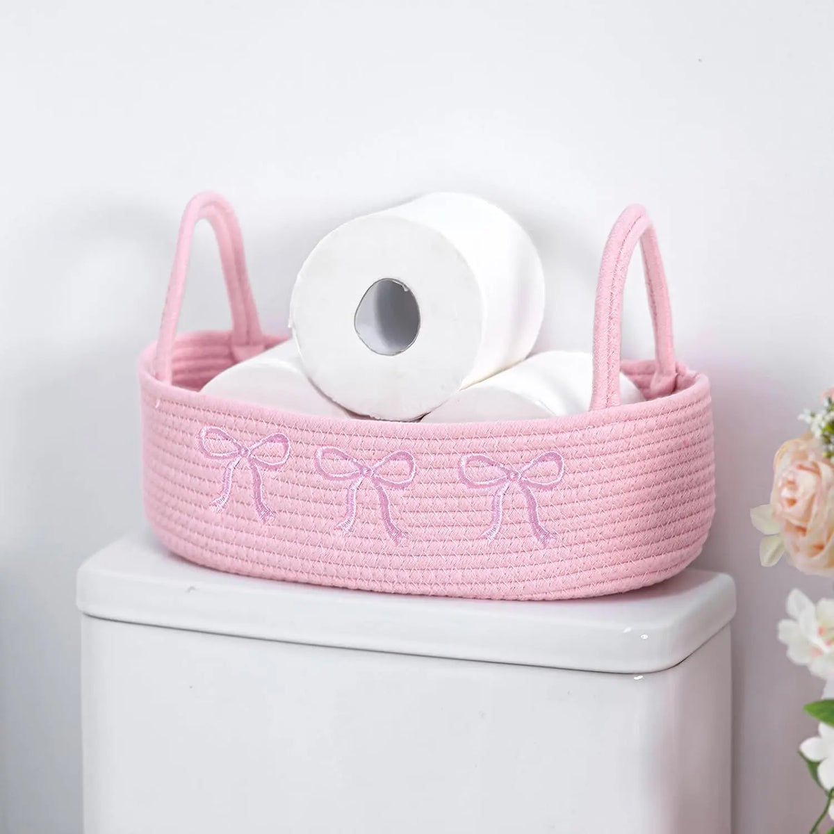 Magnolia Woven Storage Basket for Toilet  Top Boho  Rope Bathroom Countertop Organizer Basket with Handle Green Bathroom Decor for Bedroom  Toys Organizing, 13 x 6 x 4 Inch