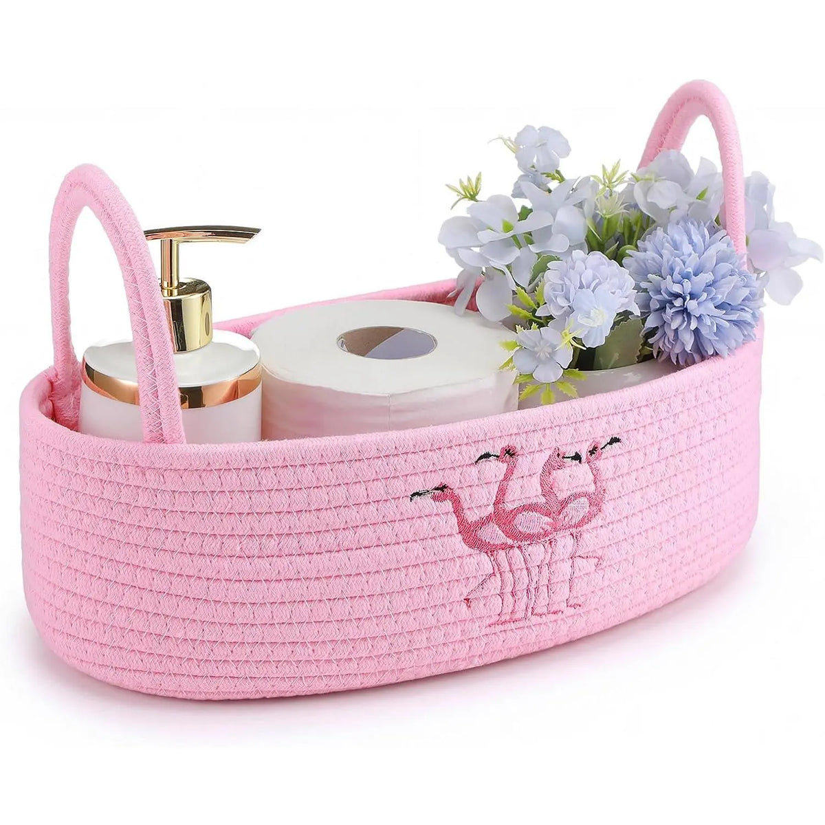 Magnolia Woven Storage Basket for Toilet  Top Boho  Rope Bathroom Countertop Organizer Basket with Handle Green Bathroom Decor for Bedroom  Toys Organizing, 13 x 6 x 4 Inch