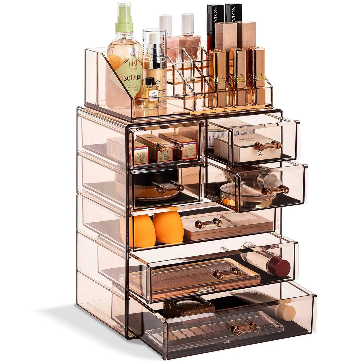 Sorbus Medium Cosmetic Storage Organizer Set - Durable Plastic Boxes with 3 Large Drawers, 4 Small Drawers, Removable Top Tray, Handle, Slide Design for Multicolor Vanity Make-up Bags