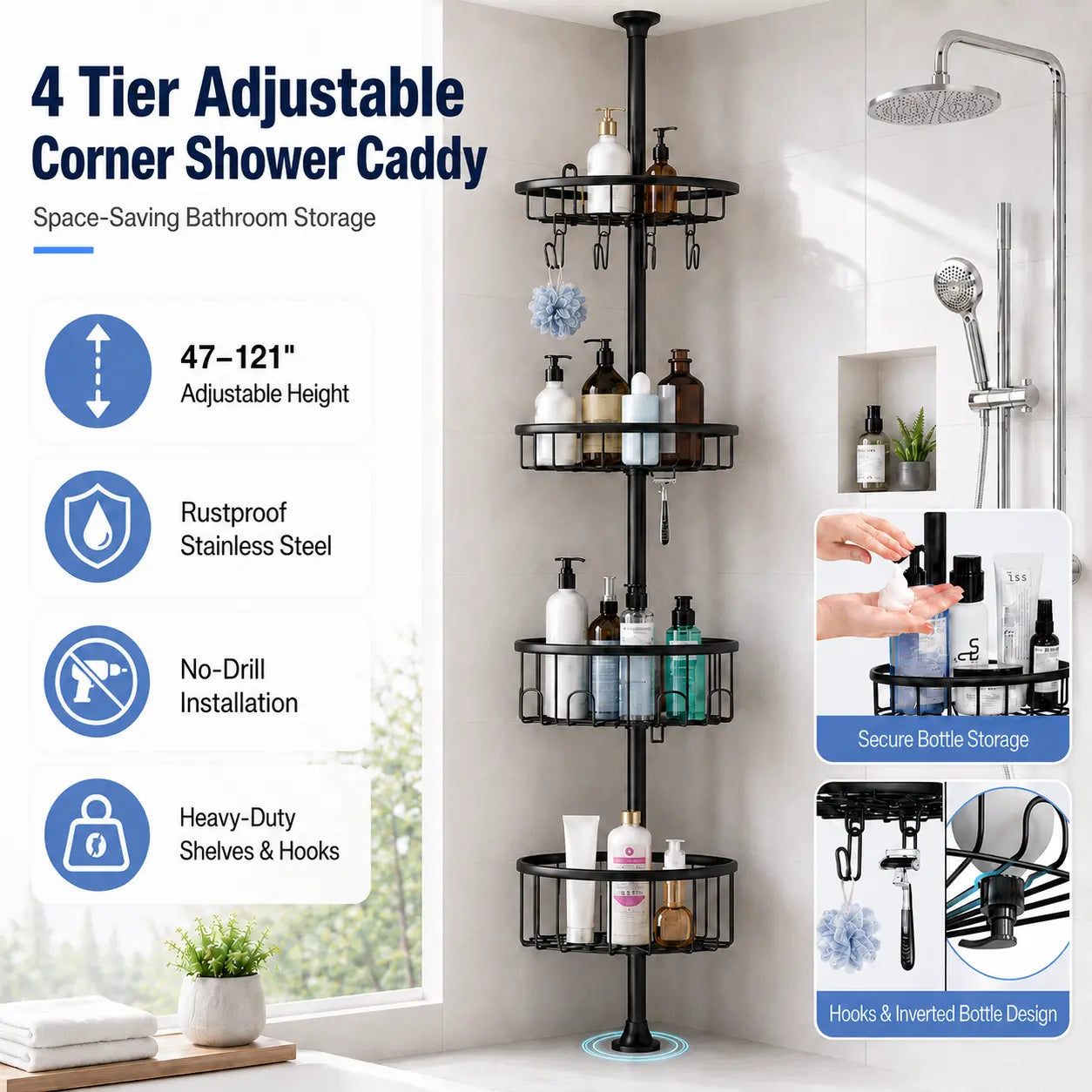 4 Tier Adjustable Corner Shower Caddy – Stainless Steel Rustproof Bathroom Organizer, No-Drill Tension Pole (47-121 Inch), Heavy-Duty Shelves & Hooks for Shampoo, Loofah, Bathtub Shampoo Storage – Quick Assembly, Black Rack