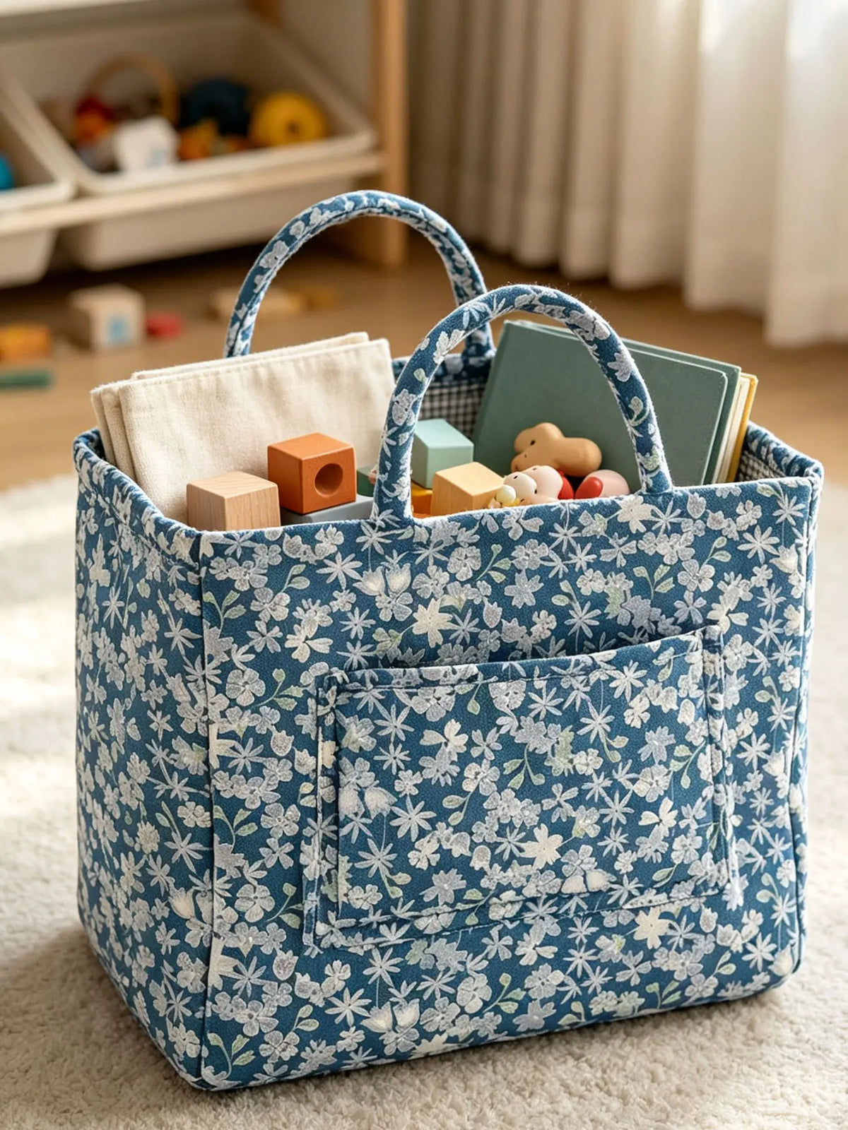 Vintage Floral Quilted with Double Handles, Foldable Fabric Organizer Tote for Bathroom Car Picnic, Bathroom Storage Baskets