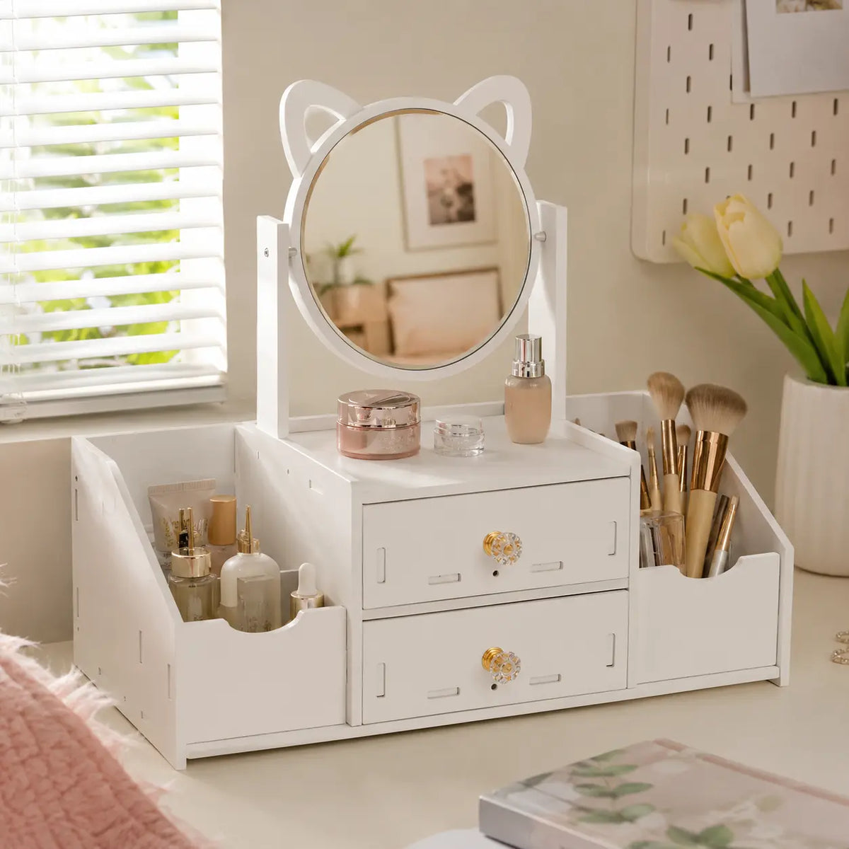 Makeup Organizer with Mirror and 2 Drawers, Desktop Vanity Storage Box with Multiple Compartments for Cosmetics, Skincare, Jewelry and Perfume