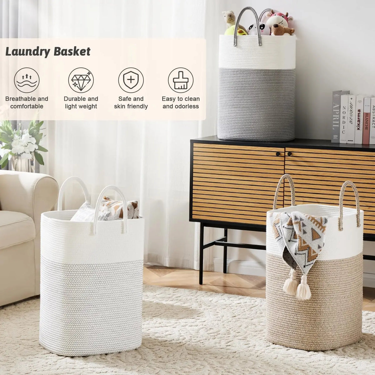 Round Eco-Friendly Classic Woven Cotton Rope Collapsible Laundry Hamper - 40-100L Laundry Basket, House Organizer, Home Supplies Storage Basket with Room Decor Functionality for Baby Toys, Bathroom, Laundry Baskets,dorm essentials,home decor