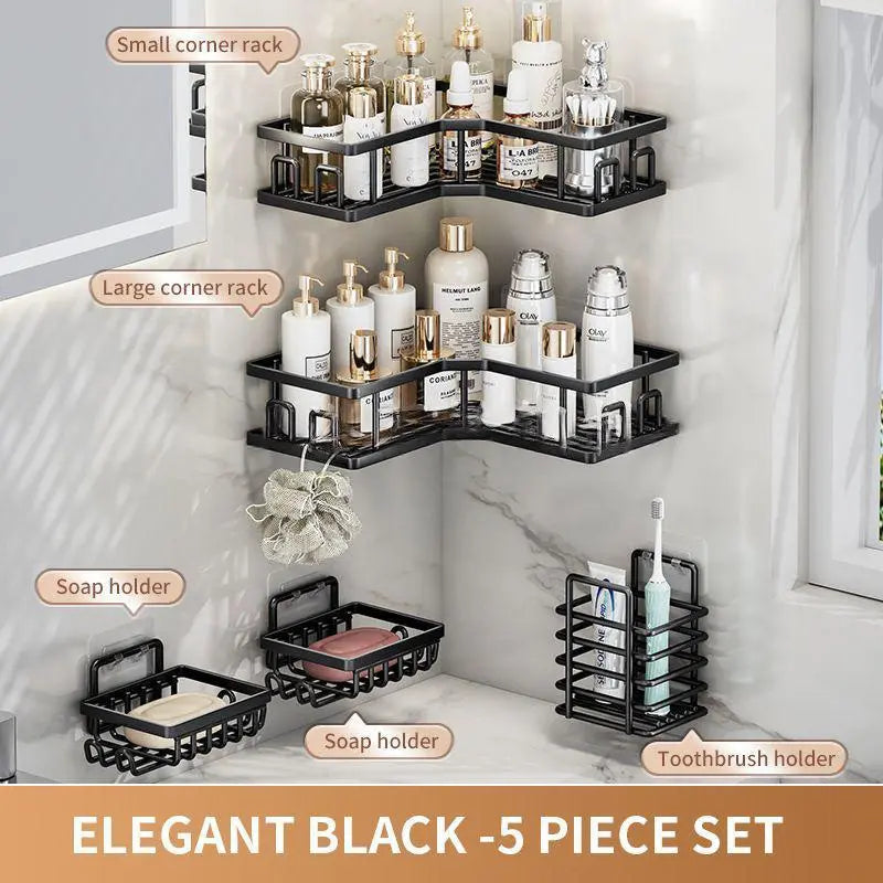 3/5 Pack Bathroom Accessory Set, 2 Stainless Steel Shower Shelves, 1 Soap Holder, Durable Adhesive Shower Organizer with Hooks, Tool-Free Installation Corner Rack, Rustproof Wall-Mounted Storage Organization