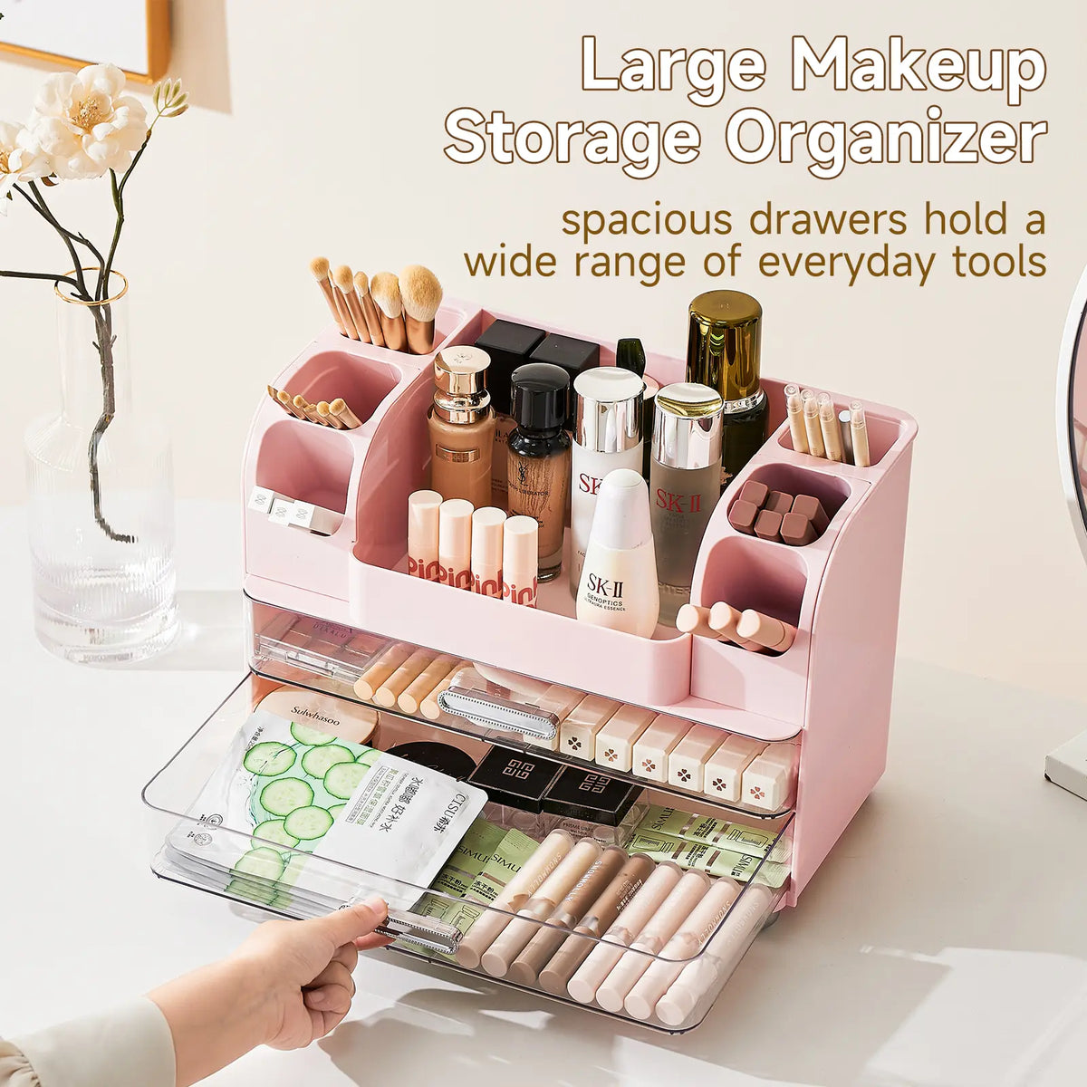 UFORU Makeup Organizer Box - Durable Storage Organizer for Vanity Organization, 2 Large Drawers, Brush Holders, Bathroom Countertop Skincare & Desk Office Supplies Pink Jewelry Storage Gift,dorm room inspo,college dorm essentials,dorm haul