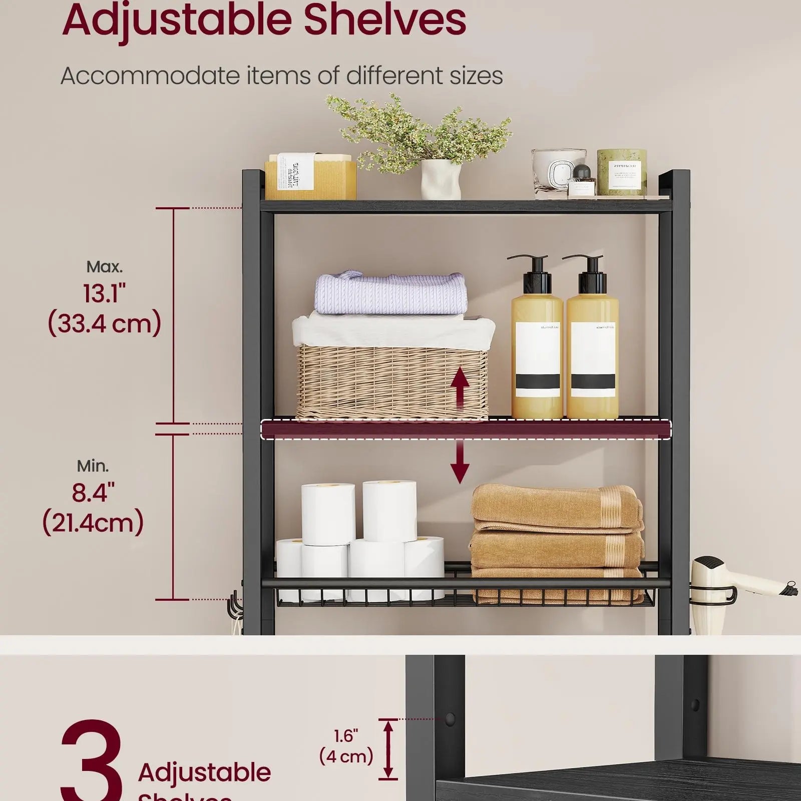 VASAGLE Wall-Mount Over-the-Toilet Storage Cabinet, Bathroom Organizers with Adjustable Multiple-Tier Shelves, Basket, 3 Hooks, Space-Saving Indoor Cupboard