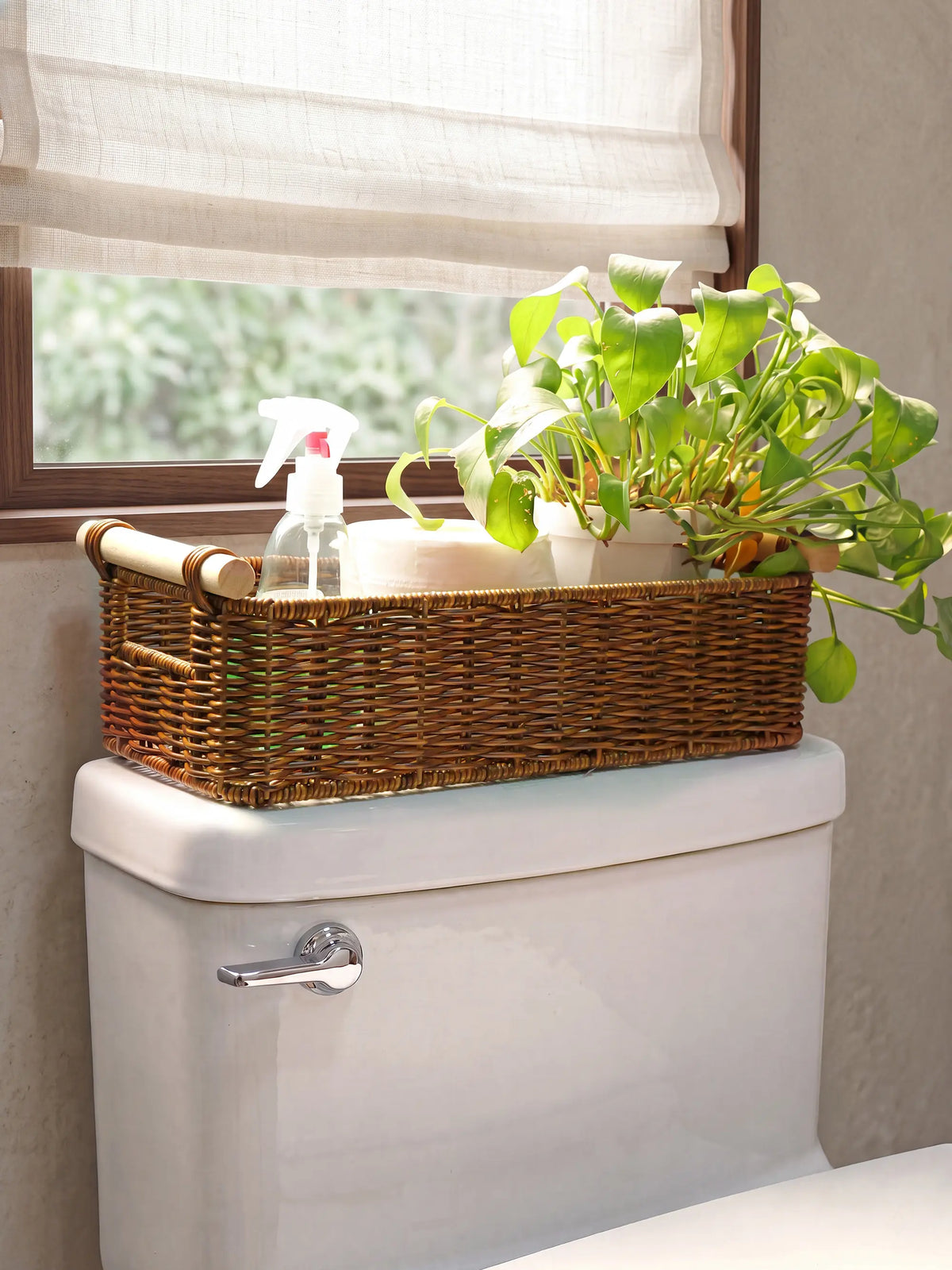 BROWNLILY Classic Handwoven Wicker Toilet Storage Basket with Wooden Handle, Durable Rectangular Bathroom Woven Storage Organizer for Toilet Paper, Towels, Vanity Counter Use, Faux Rattan