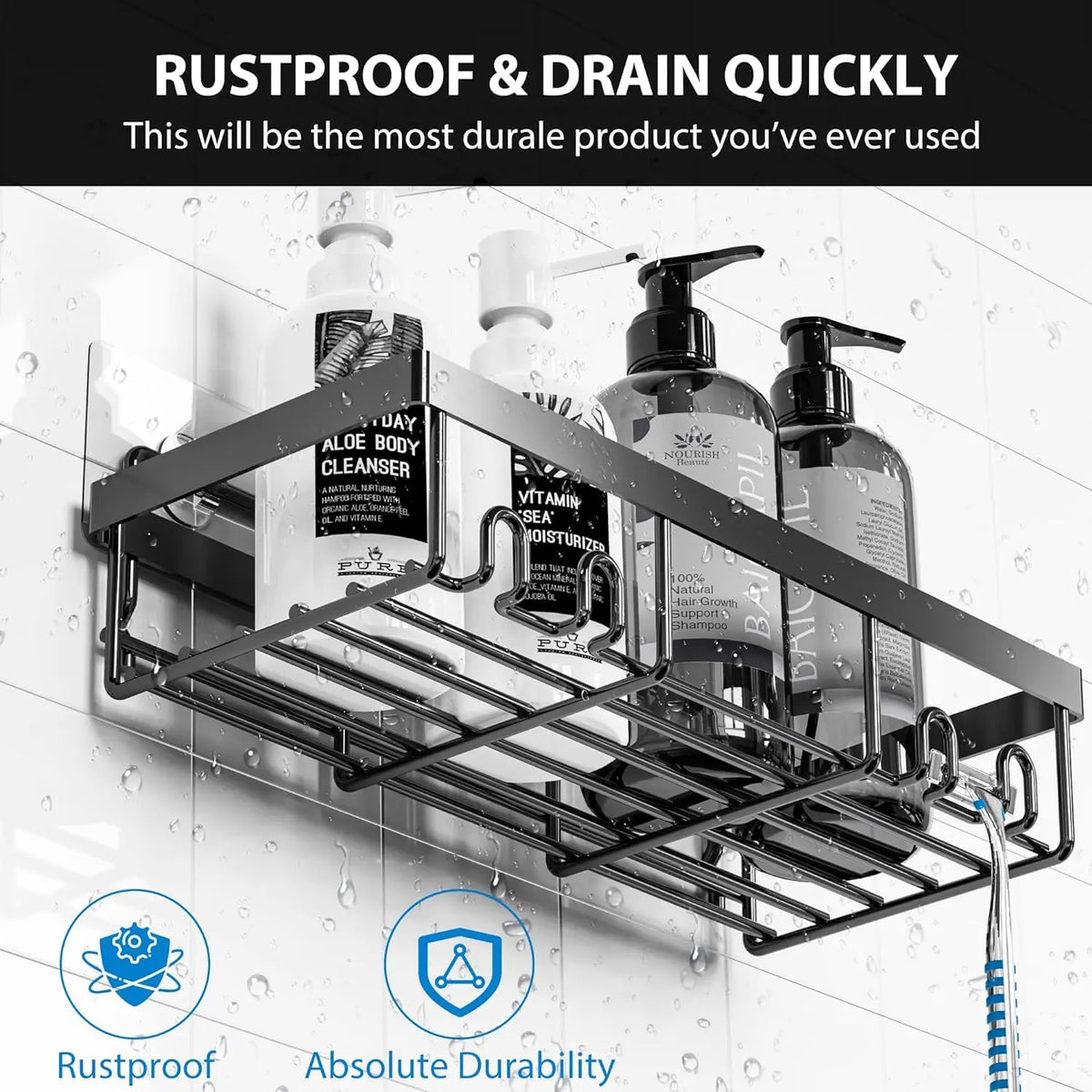 Jabukosu Matte Gold Stainless Steel Bathroom Accessory Sets - 5 & 1 Wall-Mounted Shelf Holders, No-Drill Waterproof Adhesive Organizer Storage for Shampoo, Soap