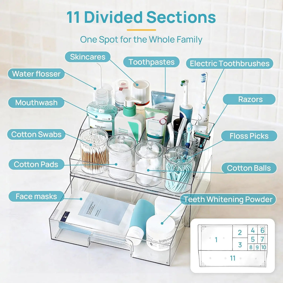 【Countertop Organizer】Vtopmart 6PCS Bathroom Countertop Organizer, 1 Divided Tray with 4 Qtip Holder Jars and 1 Drawers, Restroom Clear Organizers for Toothbrush, Cotton Pads, Vanity Accessories Storage Set