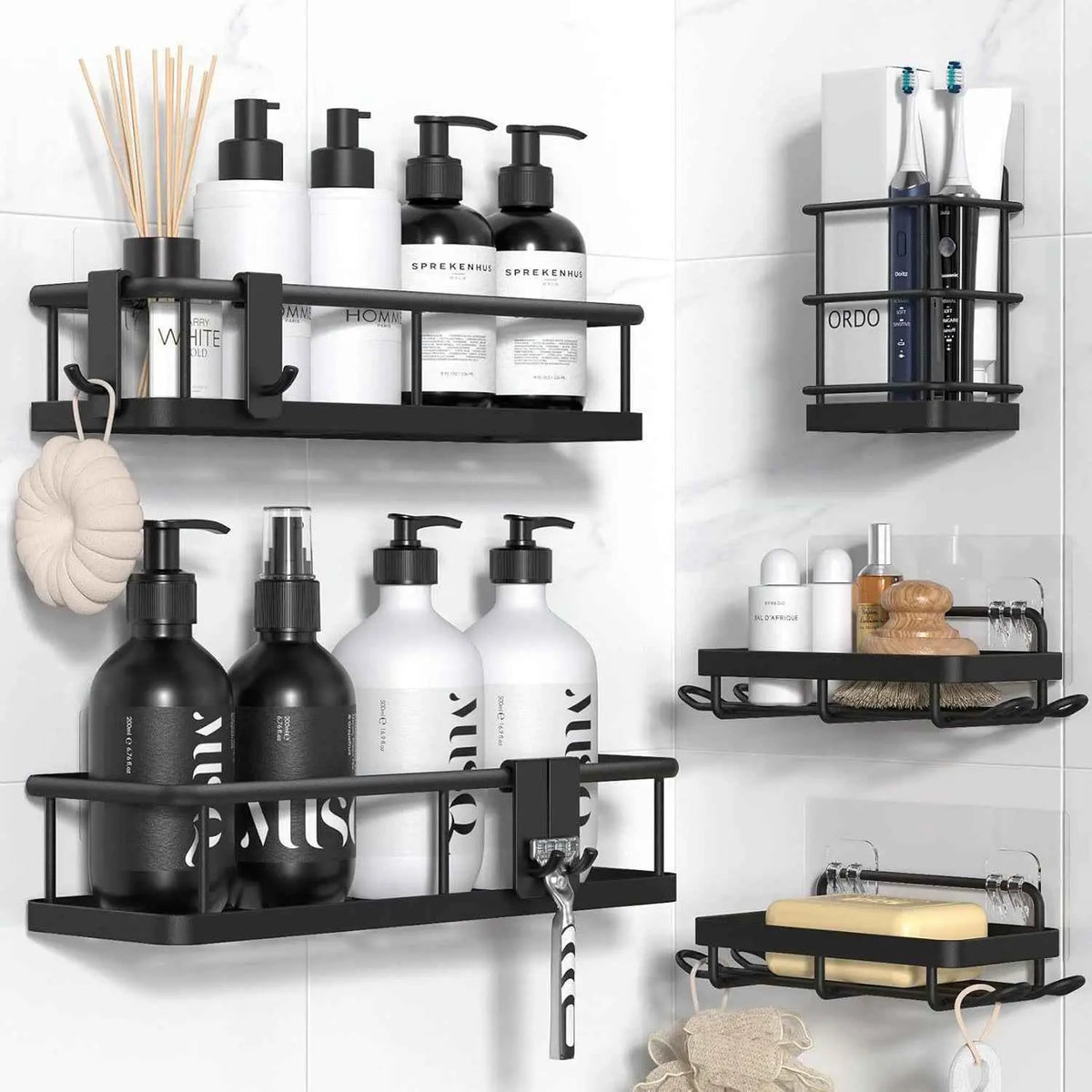 Matte Gold Modern Rust-Proof Stainless Steel Bathroom Organizer Rack Set - Jabukosu 5-Pack & 1-Pack Wall-Mounted Shower Caddies, Waterproof Adhesive No-Drilling Holders for Shampoo, Soap, Home & House Organizers, Shower Caddy