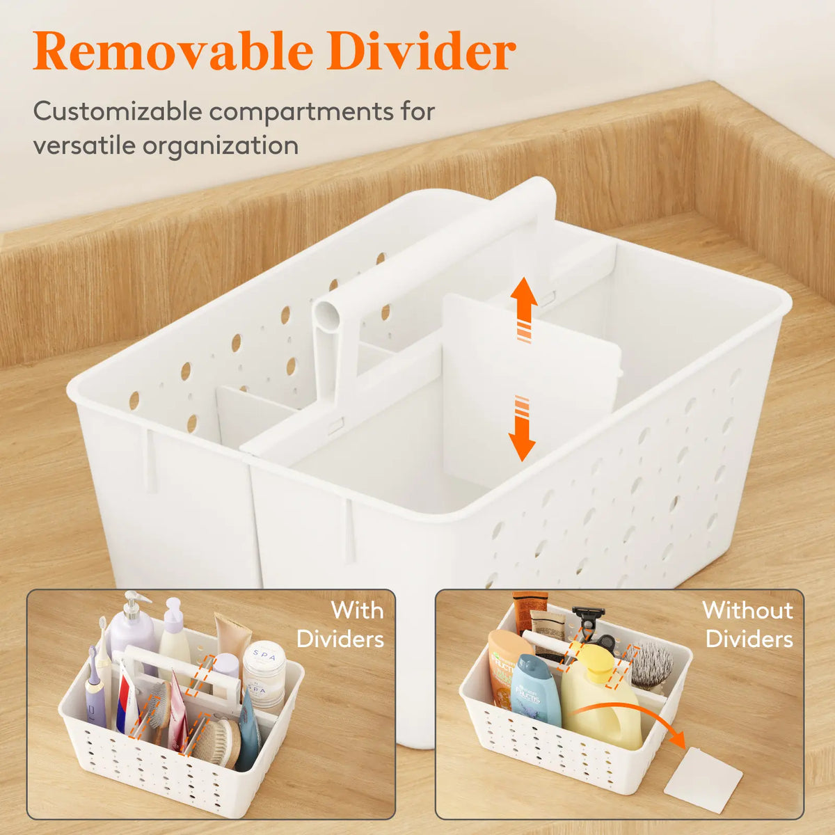 Lifewit Portable Shower Caddy with Handle - Rectangular Modern Plastic Open Basket with Hollow Drain Holes, Adjustable Sections, for Bathroom, Dorm Home Organizer,dorm essentials,home decor