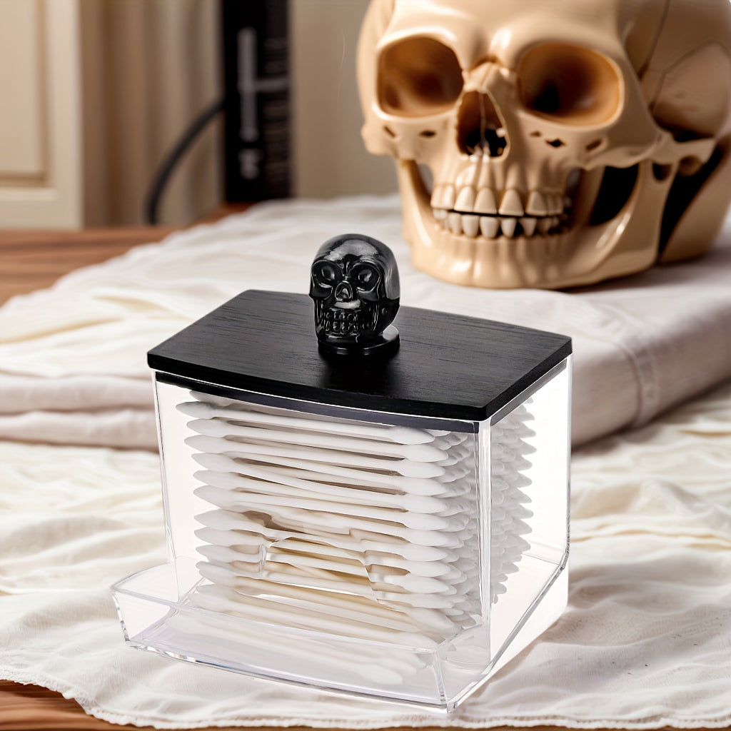 7oz Clear Acrylic Swab Holder with Flip-Top Lid - Skull & Crossbones Design, Durable Plastic Makeup Organizer for Bathroom, Cosmetics, And Halloween Storage, Makeup Organizer Storage
