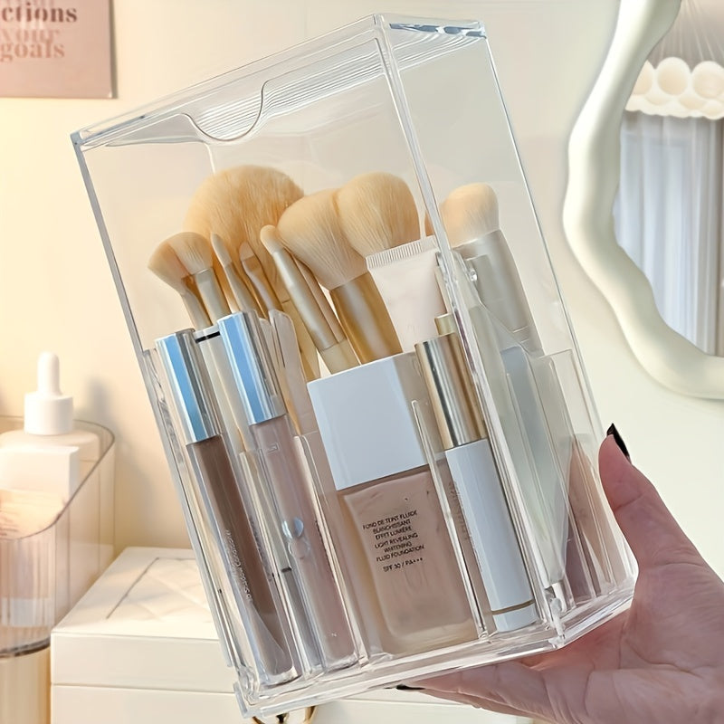 [Clear Acrylic Brush Holder] Clear Acrylic Makeup Brush Holder - Adjustable Desktop Organizer for Cosmetics, Transparent Plastic Storage Box with Multiple Compartments for Brushes and Beauty Tools, Perfume Organizer
