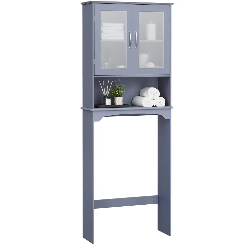 Costoffs Modern Over-The-Toilet Storage Cabinet, Space-Saving Indoor Bathroom Cupboard with Adjustable Shelf, Tempered Glass Doors, Open Shelf, White Unit for Bathroom Organizers,dorm essentials,home decor