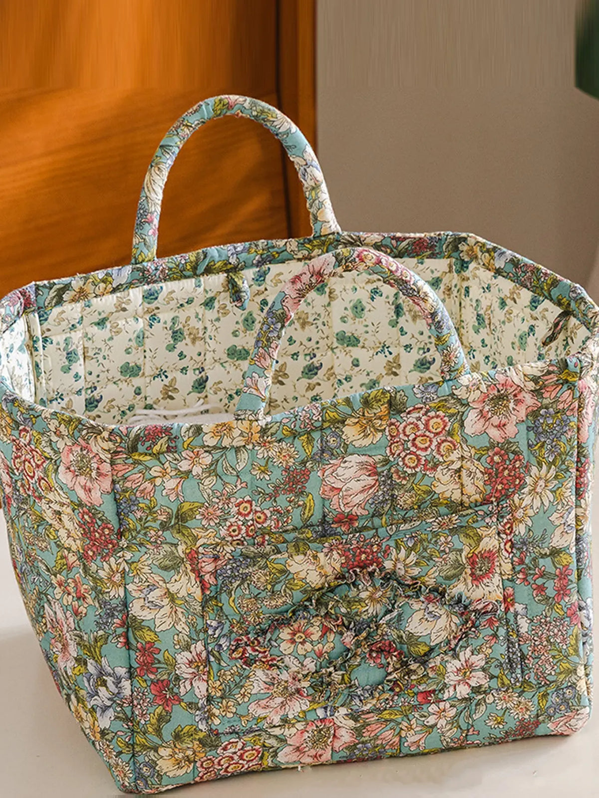 Floral Pattern Fabric Decorative Storage Basket, Portable Home Organizer for Kitchen, Bathroom and Office, Flower, Bathroom Storage Baskets