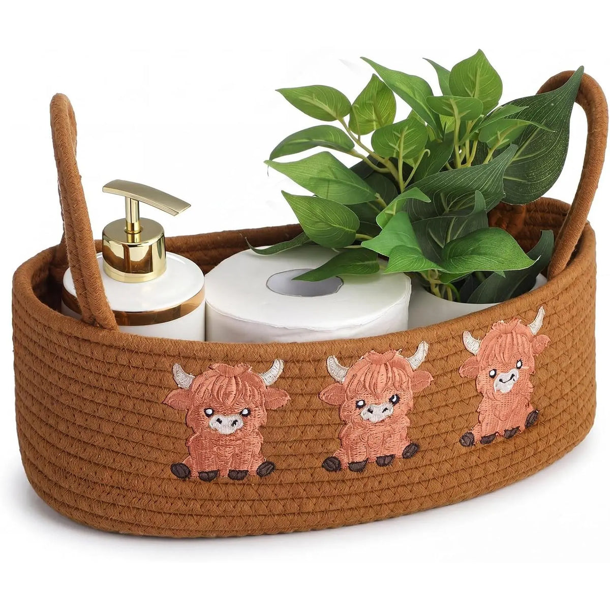 Magnolia Woven Storage Basket for Toilet  Top Boho  Rope Bathroom Countertop Organizer Basket with Handle Green Bathroom Decor for Bedroom  Toys Organizing, 13 x 6 x 4 Inch