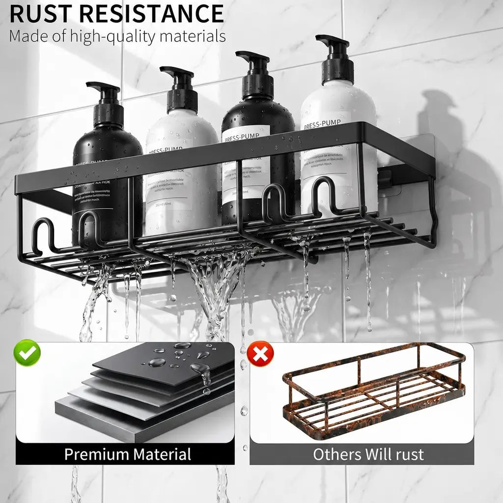 5-Piece Shower Rack Set, No-Drill Adhesive Rust-Proof Bathroom Organizer, Large Capacity Wall-Mounted Shelf, Essential for Bath, Kitchen, Home
