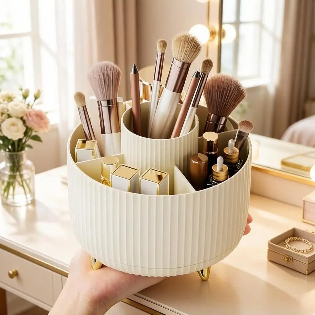 Large Capacity Makeup Brush Holder,360° Rotating Makeup Organizer,5 Slot Makeup Brushes Cup,for Vanity Decor,Bathroom Countertops,Desk Storage Container,Cosmetic Display cases