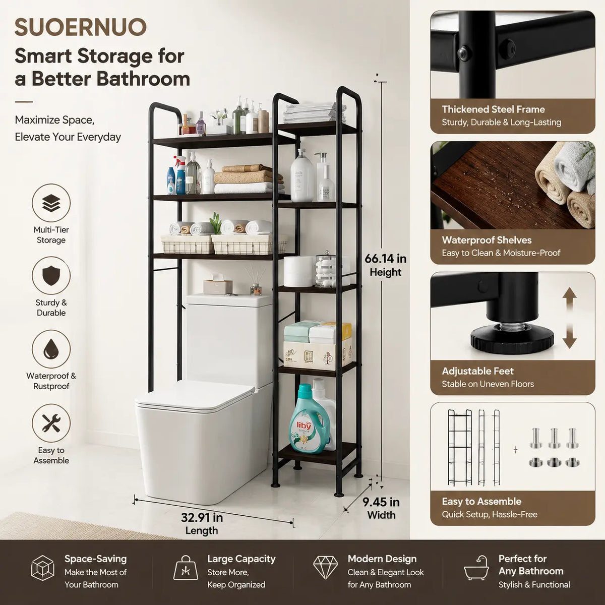 SUOERNUO 5-Tier Freestanding Over-The-Toilet Metal Storage Shelf, Waterproof Multifunctional Bathroom Organizer, Easy Assembly & Maintenance Space-Saving Rack for Bathroom Organizing Accessories, Entryways, Dorms