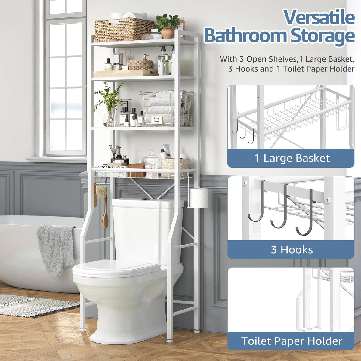 Sweetcrispy Rustic Brown Wood Over-the-Toilet Storage Rack - Bathroom Organizing Accessories with Adjustable Shelf, Removable Storage Basket, Removable Hooks, TP Roll Hooks - Space-Saver for Small Bathrooms, Laundry Rooms