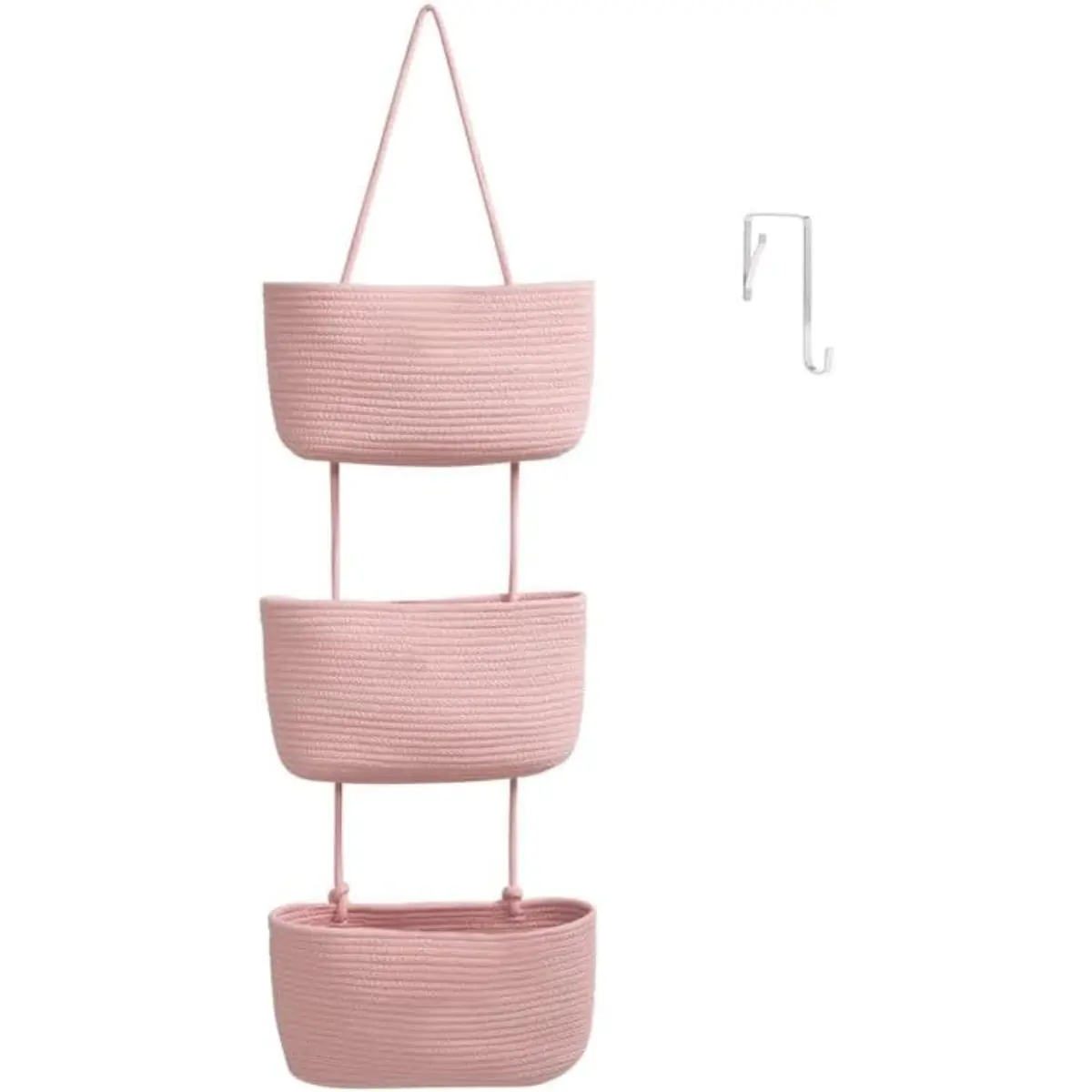 【Free Shipping (14in)】Woven Cotton 3-Tier Over-the-Door Basket, Wall-Mounted Jute Storage Organizer for Bathroom Decor, French Country Style for Busy Parents to Store Diapers, Toys, Laundry Items, with Gift Hook for Home Storage Organization
