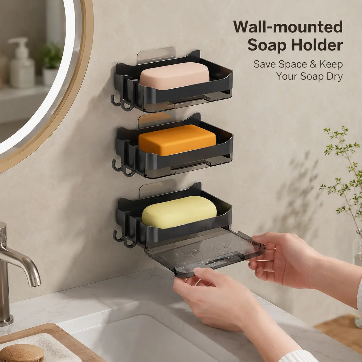 2-Layer Floating Soap Bar Holder - Adhesive Wall-Mounted Container with Removable Washable Drain Tray, Double Hanging Hooks, Waterproof for Bathroom Shower Storage (Home Bathroom Supplies), Bar Soap Container, Bathroom Storage