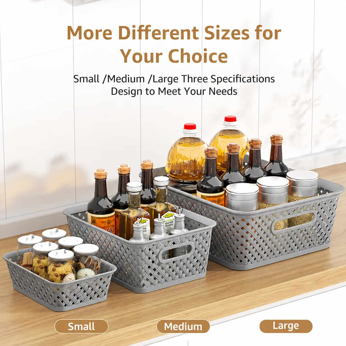 MaxGear 3 Pack Plastic Storage Baskets with Built-In Handles, Woven Organizer Bins for Pantry, Closet, Cabinet, Bathroom, Kitchen and Office, Multiple Sizes and Colors Home Organization Containers Pantry Storage Basket