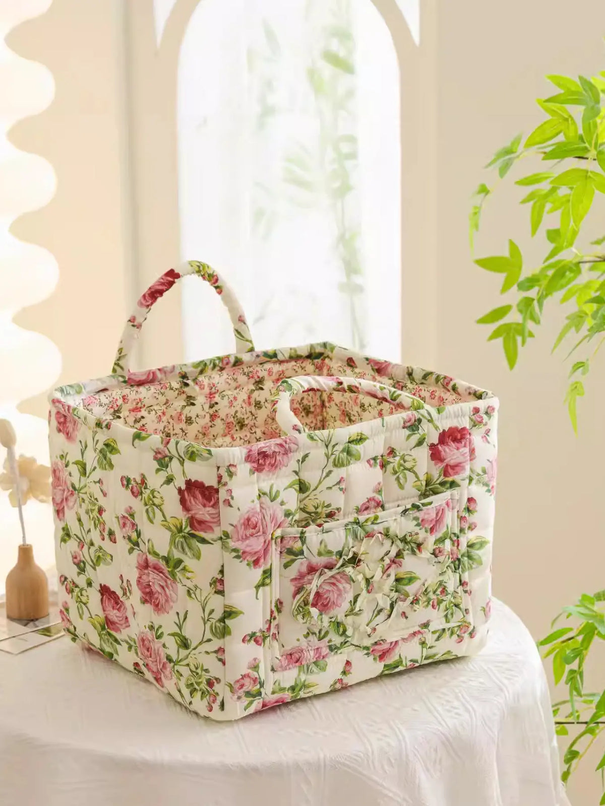 Floral Pattern Fabric Decorative Storage Basket, Portable Home Organizer for Kitchen, Bathroom and Office, Flower, Bathroom Storage Baskets