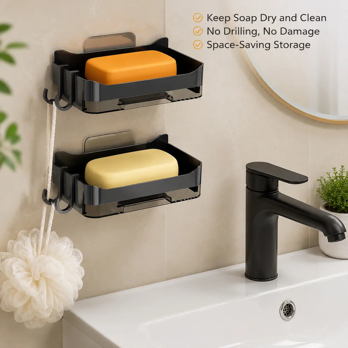 2-Layer Floating Soap Bar Holder - Adhesive Wall-Mounted Container with Removable Washable Drain Tray, Double Hanging Hooks, Waterproof for Bathroom Shower Storage (Home Bathroom Supplies), Bar Soap Container, Bathroom Storage